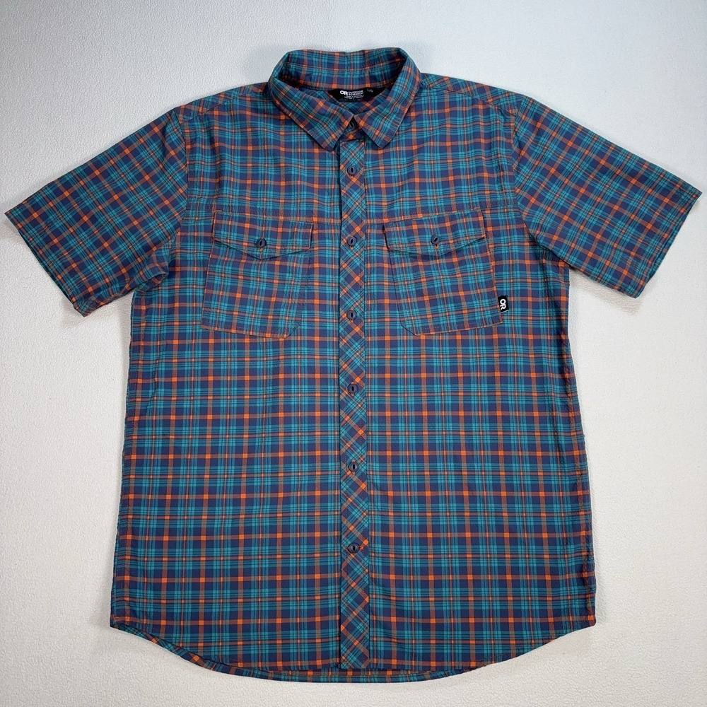 Outdoor Research Wanderer Shirt Men's L Green Plaid Pocket Stretch Button Up